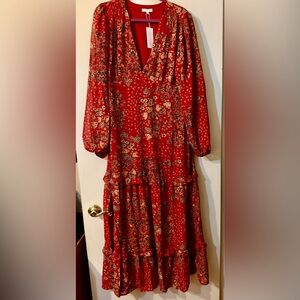 Baltic Born NWT Bowman Deep V Maxi Red Floral Long Sleeve Dress Sz XL